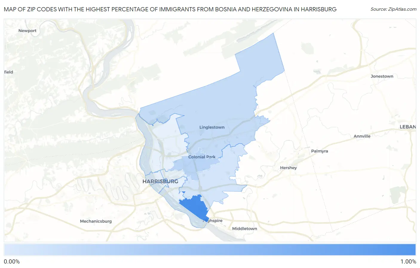 Zip Codes with the Highest Percentage of Immigrants from Bosnia and Herzegovina in Harrisburg Map