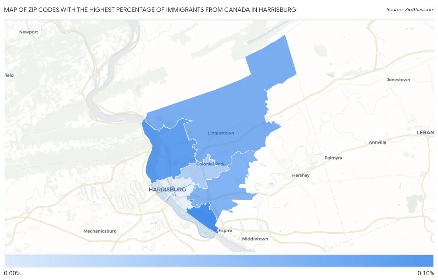 Zip Codes with the Highest Percentage of Immigrants from Canada in Harrisburg Map
