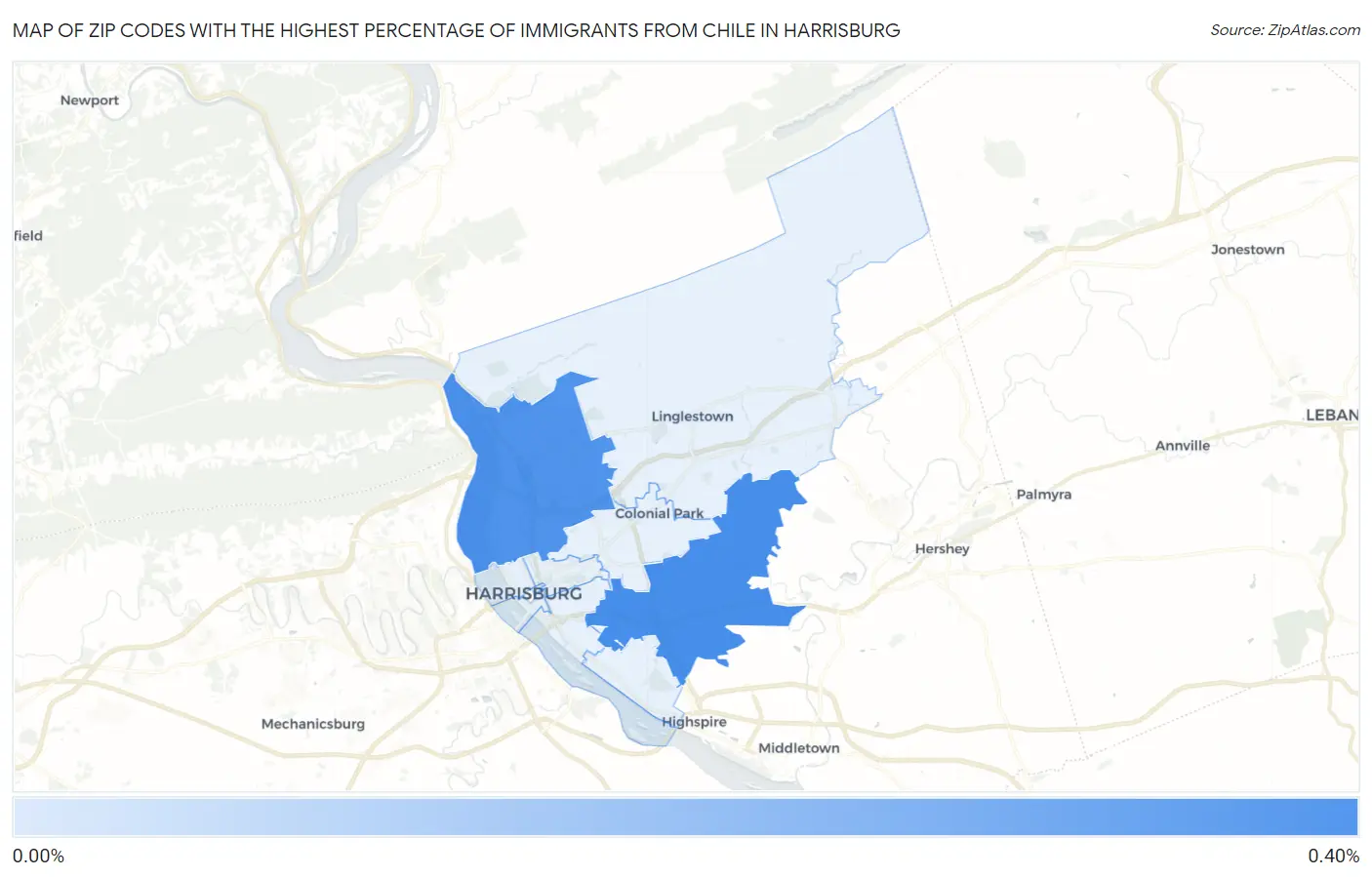 Zip Codes with the Highest Percentage of Immigrants from Chile in Harrisburg Map