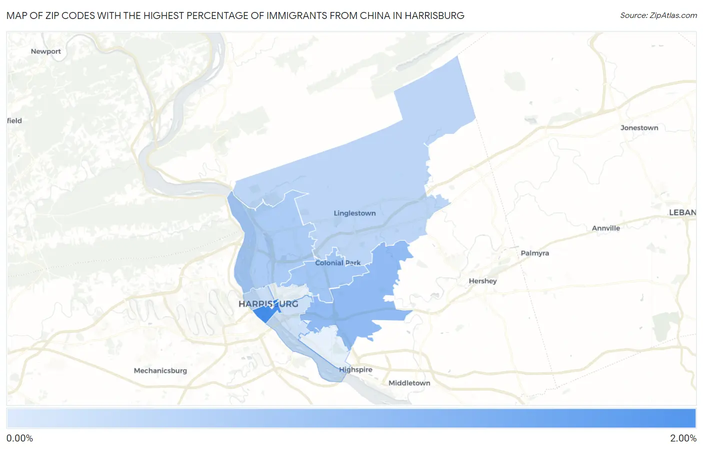 Zip Codes with the Highest Percentage of Immigrants from China in Harrisburg Map
