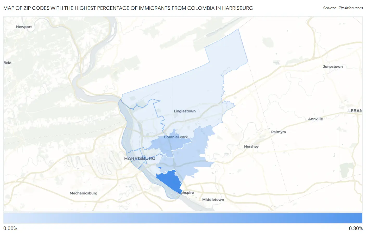 Zip Codes with the Highest Percentage of Immigrants from Colombia in Harrisburg Map