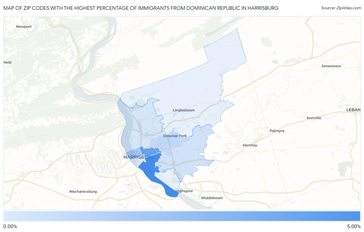 Zip Codes with the Highest Percentage of Immigrants from Dominican Republic in Harrisburg Map