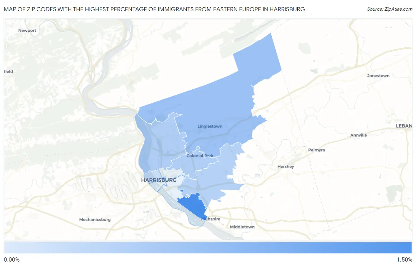 Zip Codes with the Highest Percentage of Immigrants from Eastern Europe in Harrisburg Map