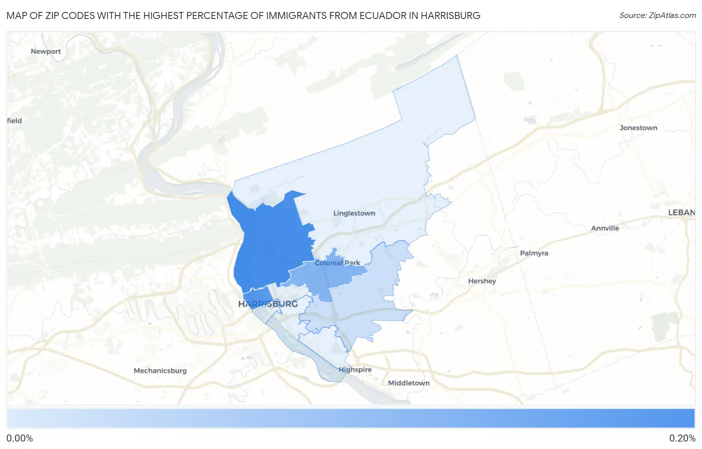 Zip Codes with the Highest Percentage of Immigrants from Ecuador in Harrisburg Map