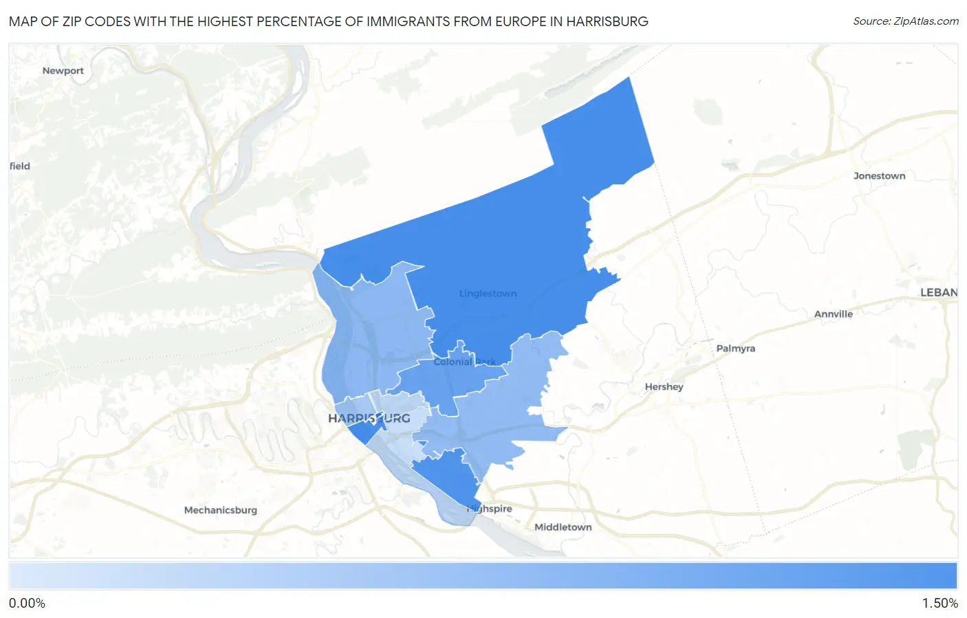 Zip Codes with the Highest Percentage of Immigrants from Europe in Harrisburg Map