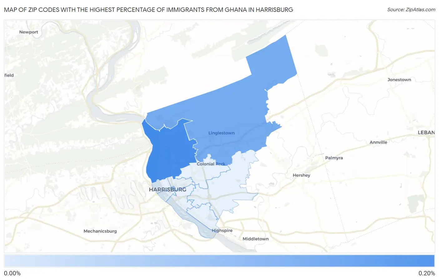 Zip Codes with the Highest Percentage of Immigrants from Ghana in Harrisburg Map