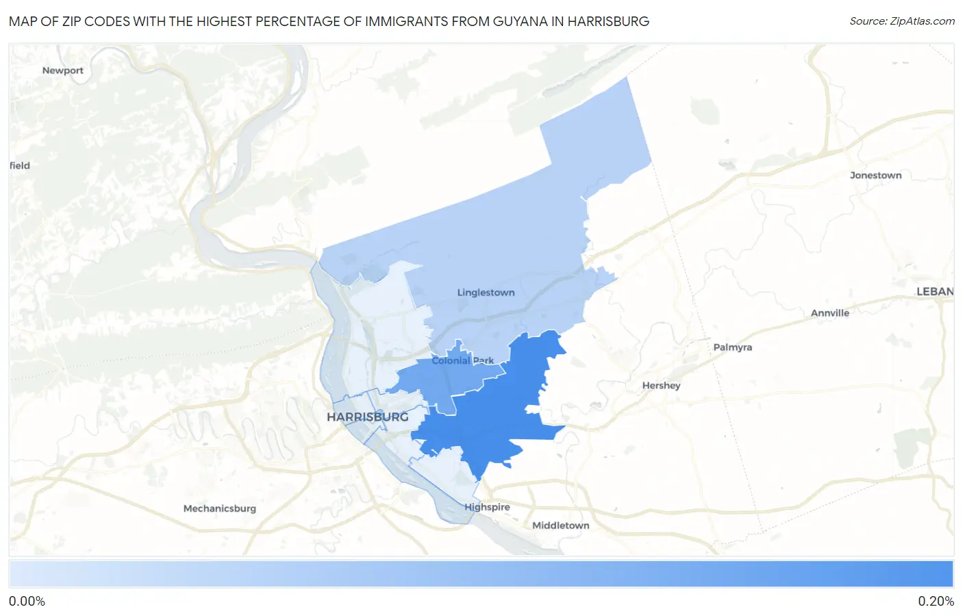 Zip Codes with the Highest Percentage of Immigrants from Guyana in Harrisburg Map