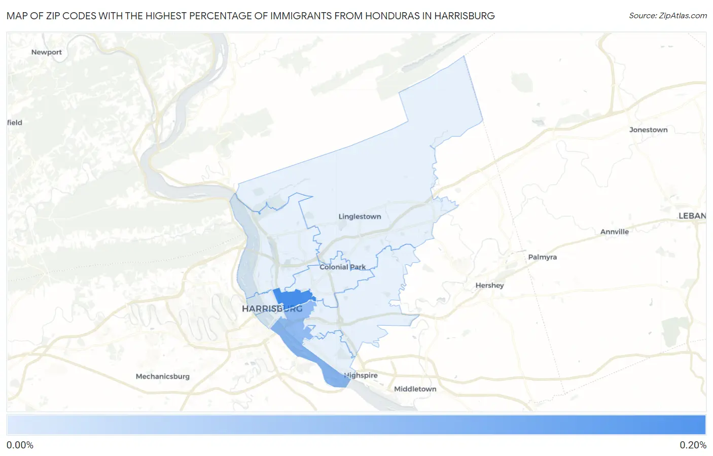 Zip Codes with the Highest Percentage of Immigrants from Honduras in Harrisburg Map