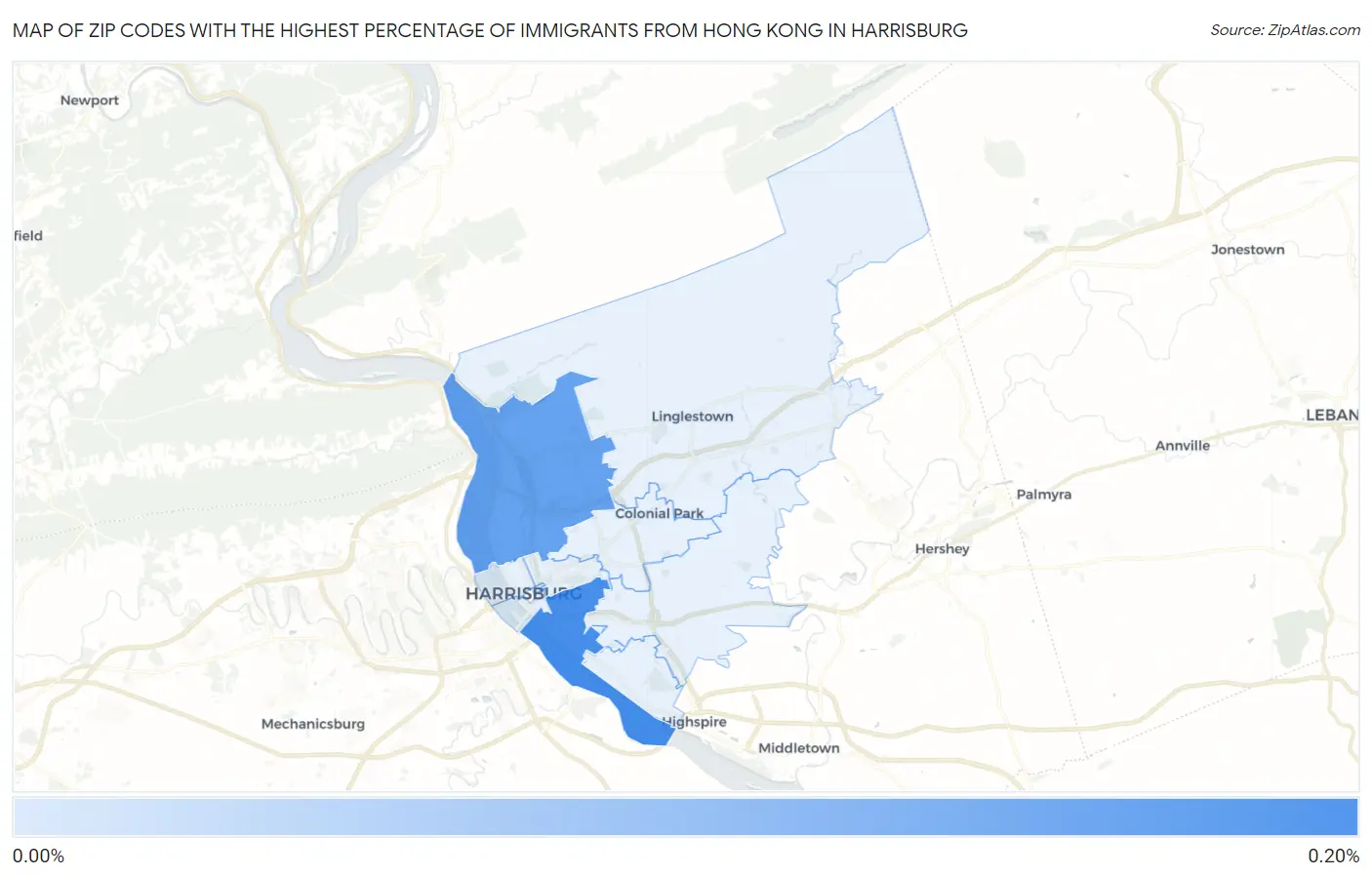 Zip Codes with the Highest Percentage of Immigrants from Hong Kong in Harrisburg Map