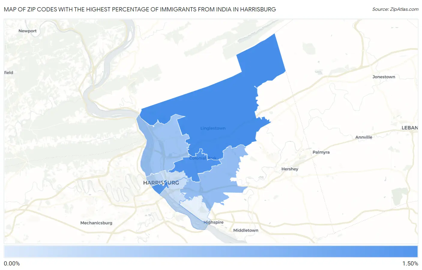 Zip Codes with the Highest Percentage of Immigrants from India in Harrisburg Map