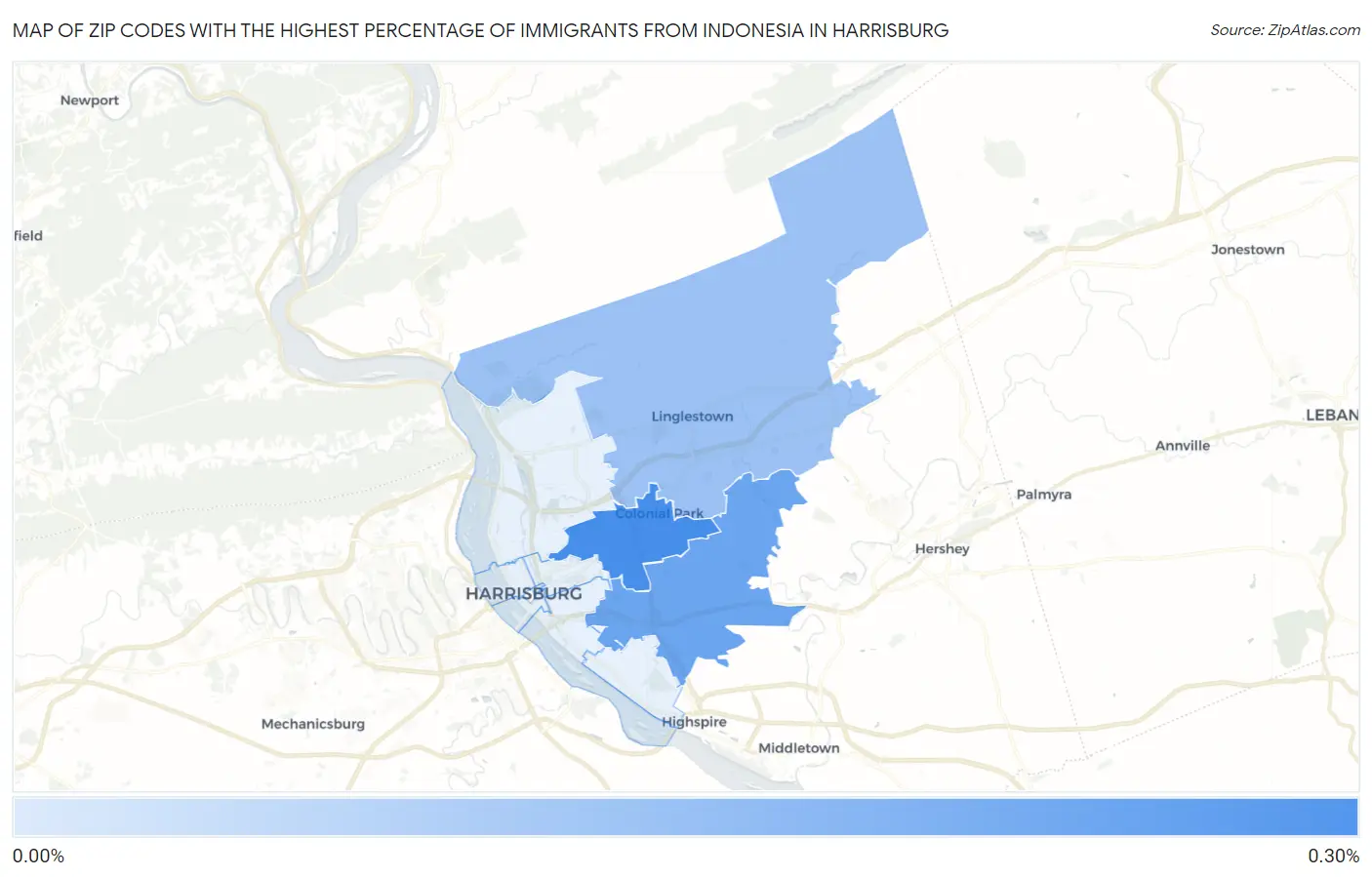 Zip Codes with the Highest Percentage of Immigrants from Indonesia in Harrisburg Map
