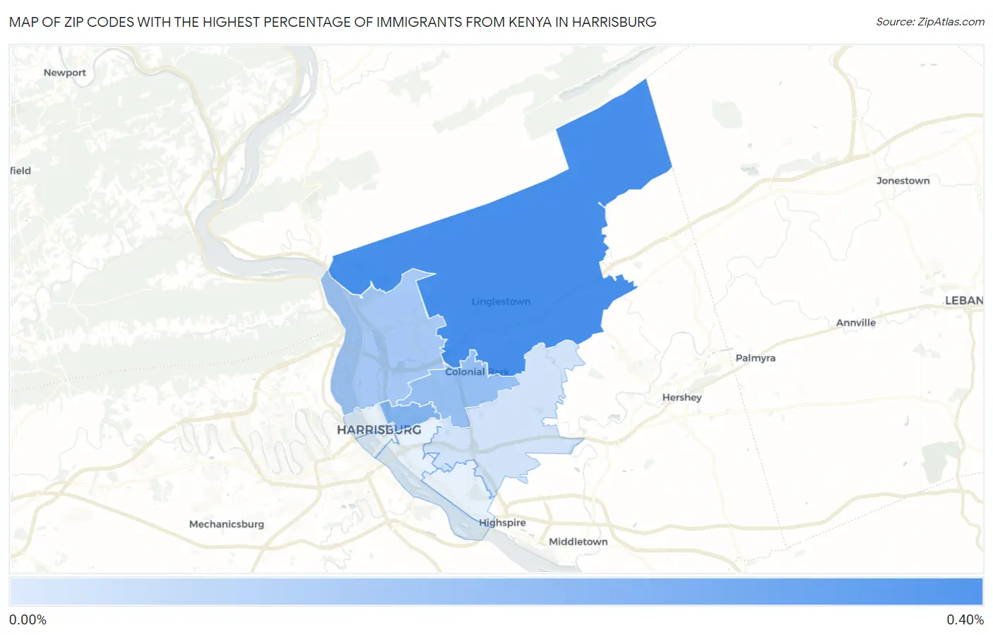 Zip Codes with the Highest Percentage of Immigrants from Kenya in Harrisburg Map