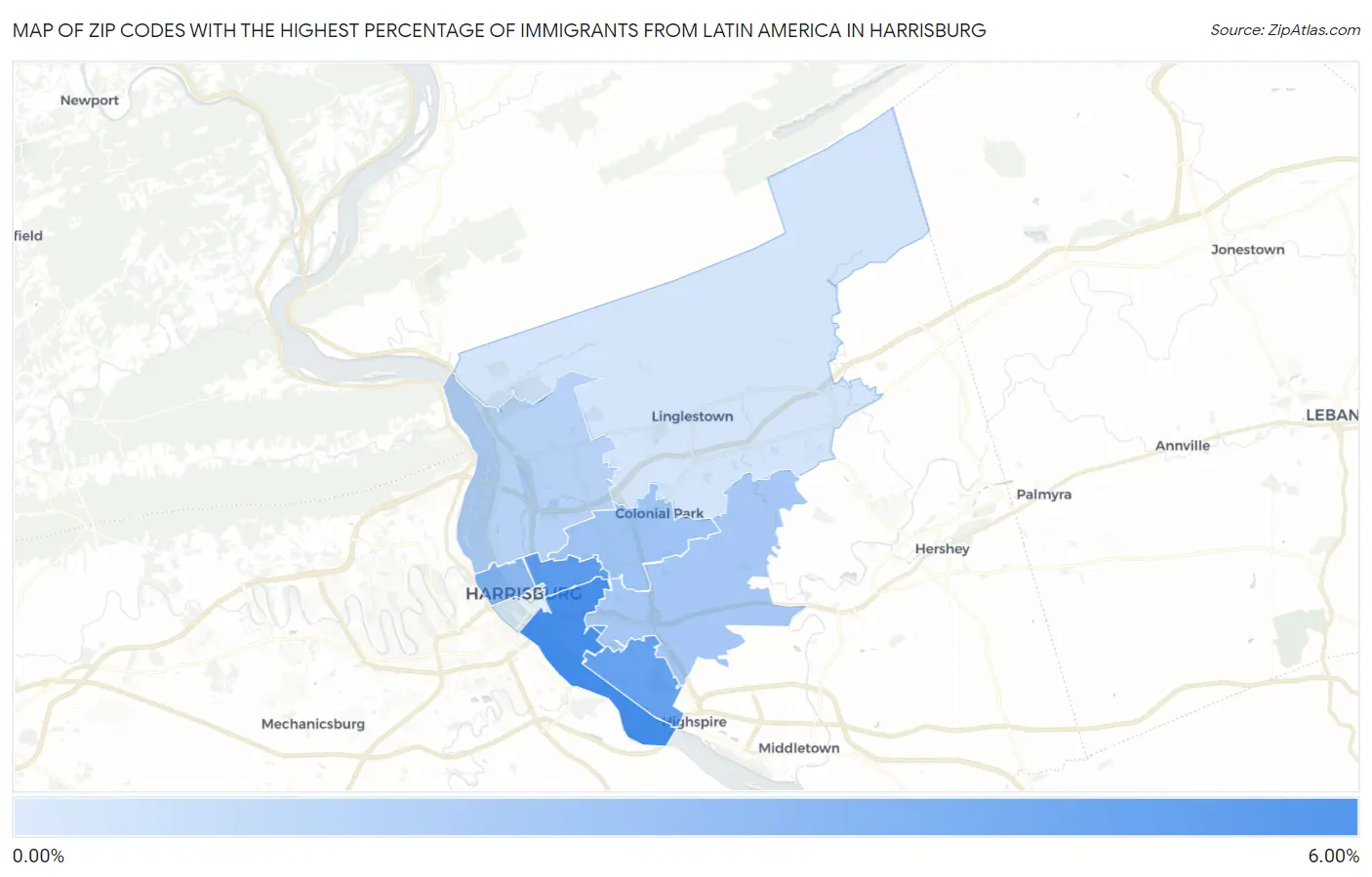 Zip Codes with the Highest Percentage of Immigrants from Latin America in Harrisburg Map