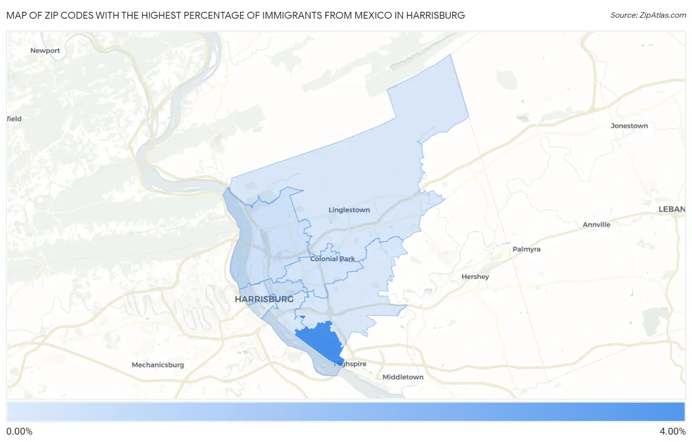 Zip Codes with the Highest Percentage of Immigrants from Mexico in Harrisburg Map