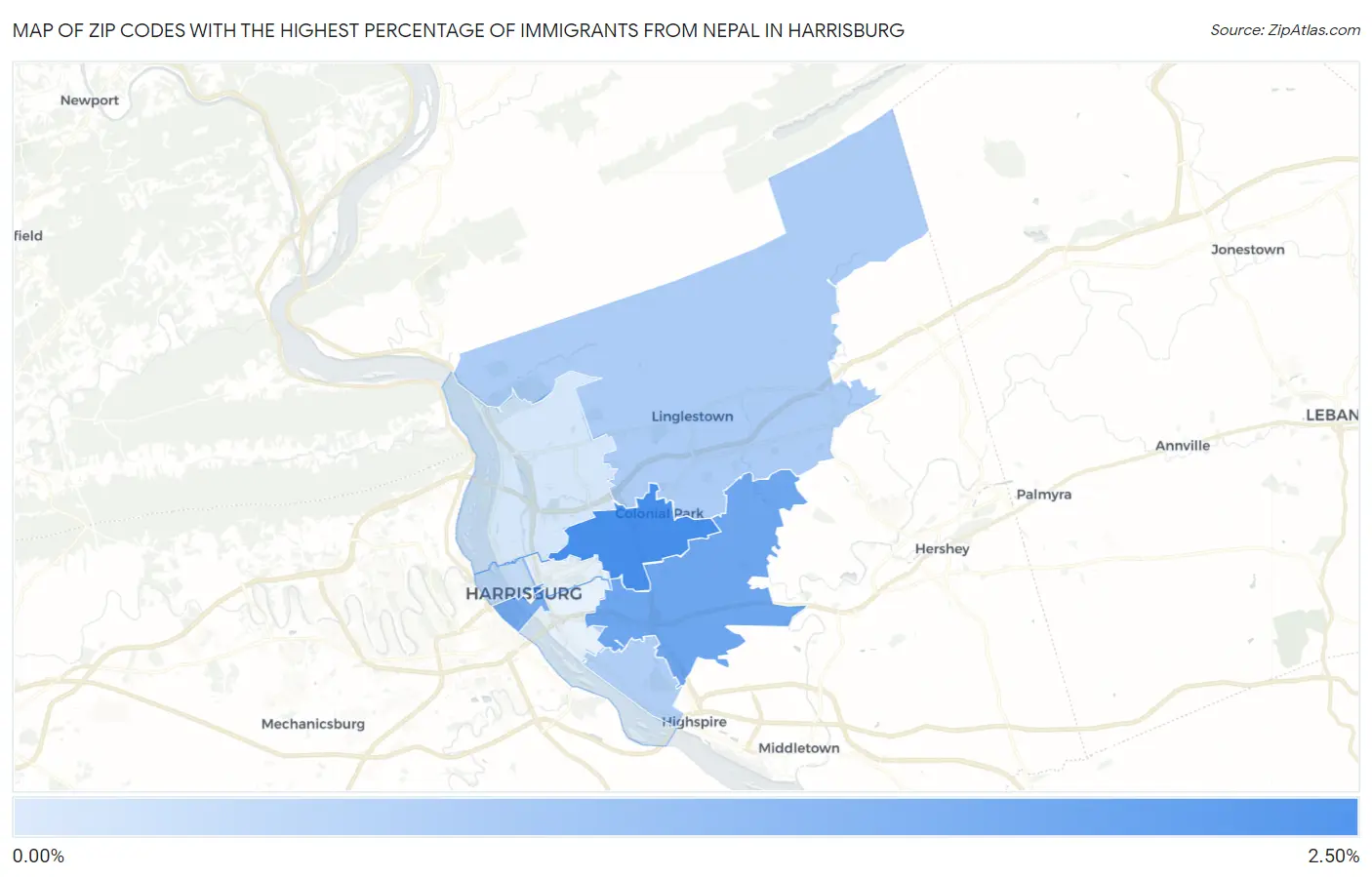 Zip Codes with the Highest Percentage of Immigrants from Nepal in Harrisburg Map