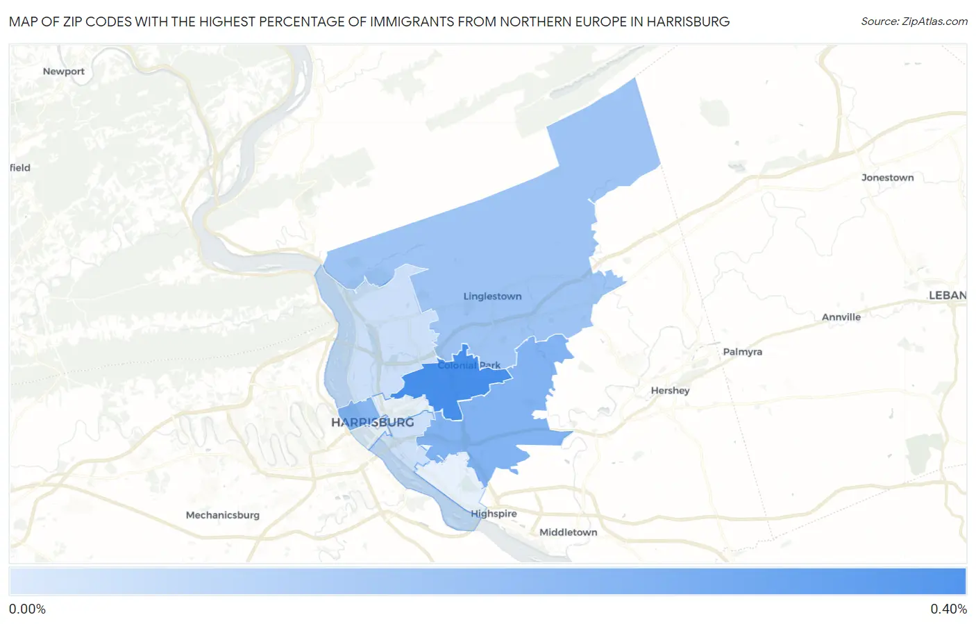 Zip Codes with the Highest Percentage of Immigrants from Northern Europe in Harrisburg Map