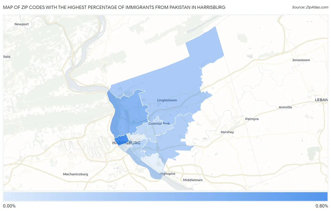 Zip Codes with the Highest Percentage of Immigrants from Pakistan in Harrisburg Map