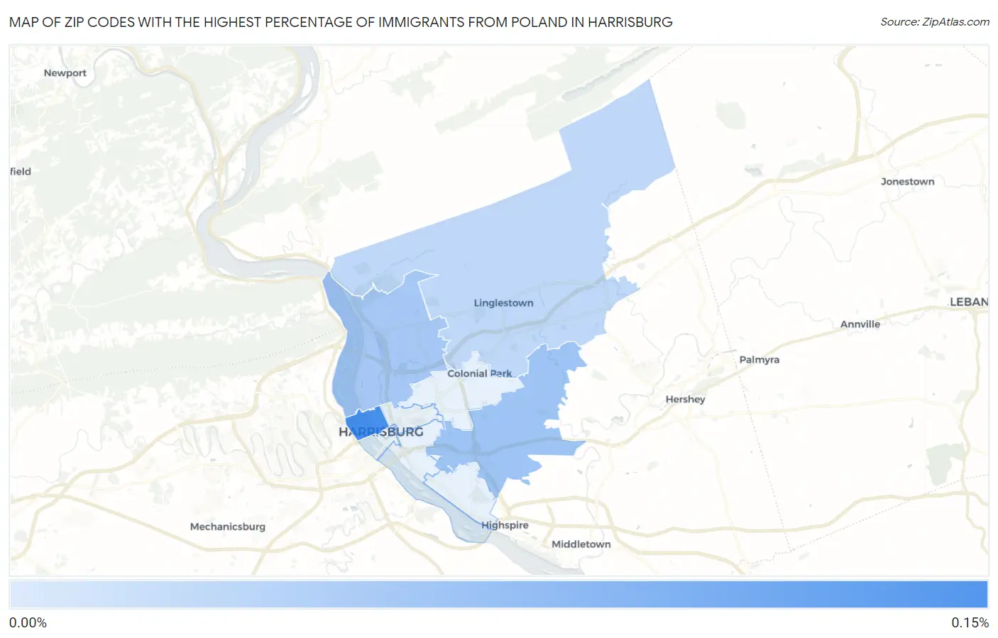 Zip Codes with the Highest Percentage of Immigrants from Poland in Harrisburg Map