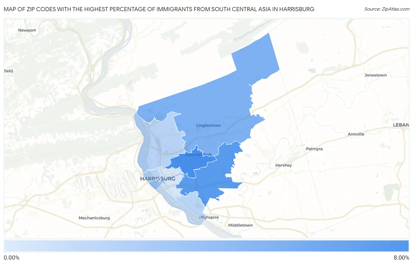 Zip Codes with the Highest Percentage of Immigrants from South Central Asia in Harrisburg Map