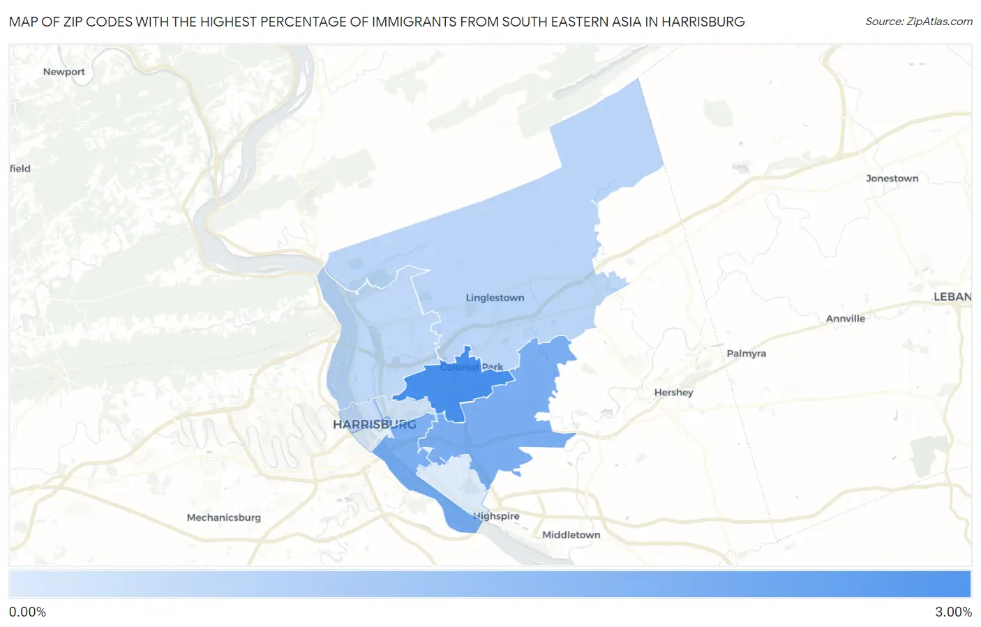 Zip Codes with the Highest Percentage of Immigrants from South Eastern Asia in Harrisburg Map