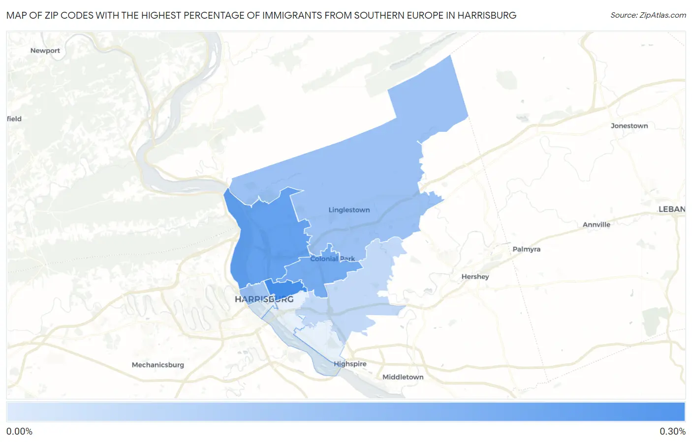 Zip Codes with the Highest Percentage of Immigrants from Southern Europe in Harrisburg Map