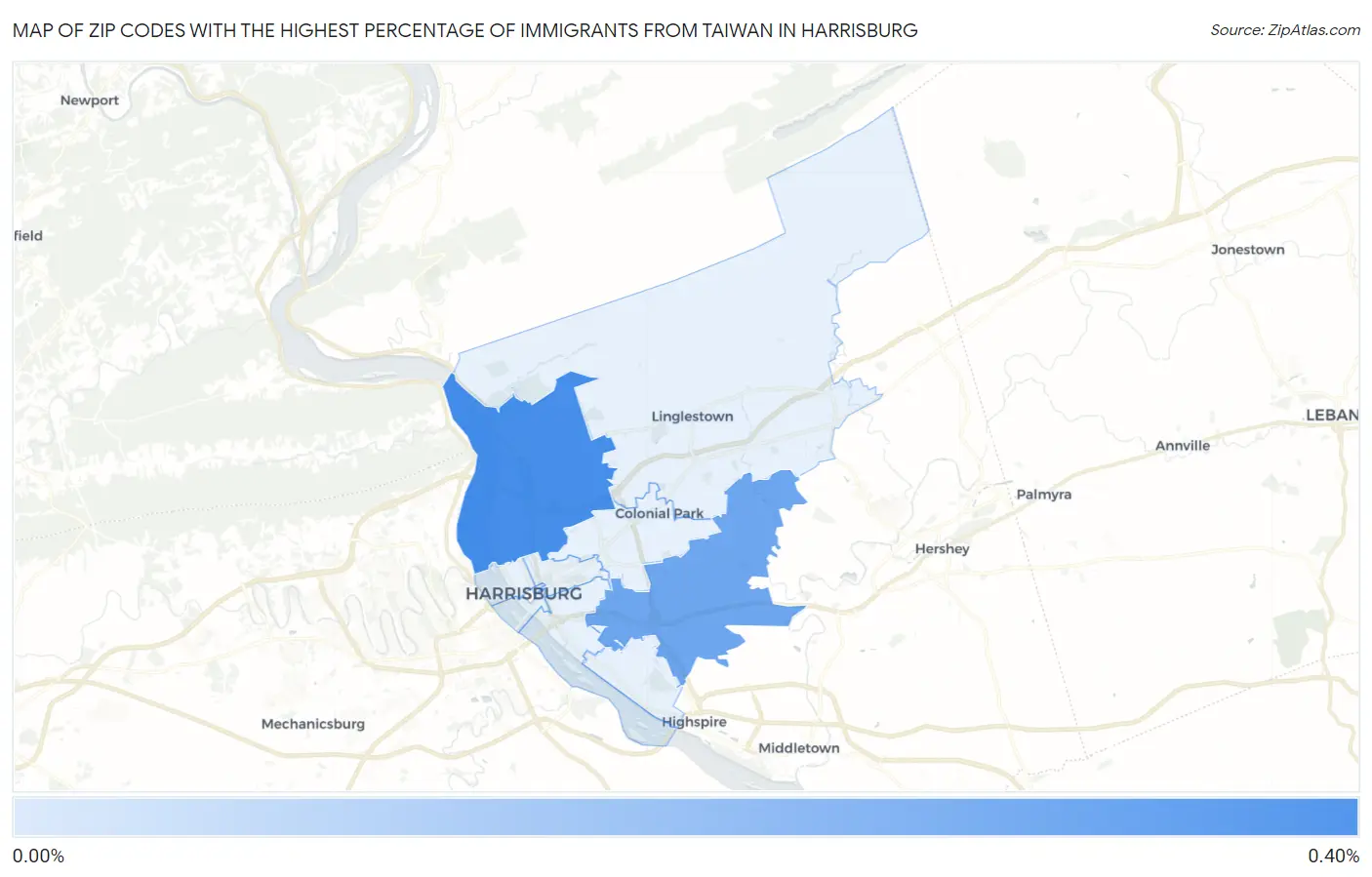 Zip Codes with the Highest Percentage of Immigrants from Taiwan in Harrisburg Map