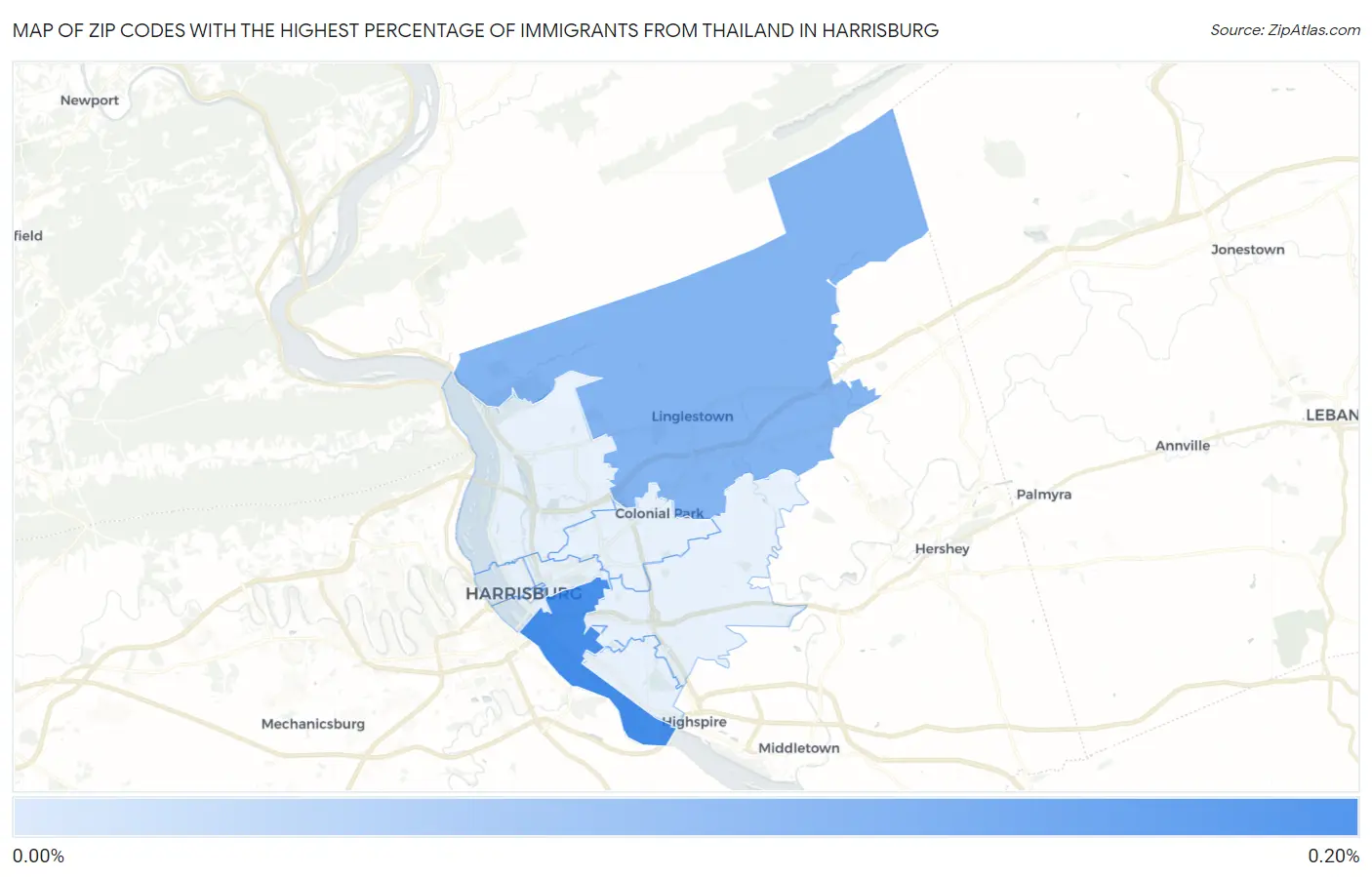 Zip Codes with the Highest Percentage of Immigrants from Thailand in Harrisburg Map