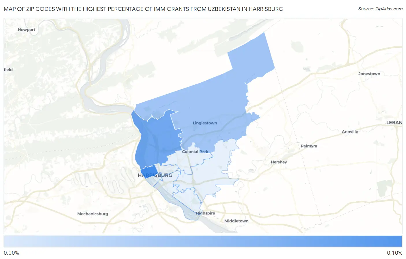 Zip Codes with the Highest Percentage of Immigrants from Uzbekistan in Harrisburg Map