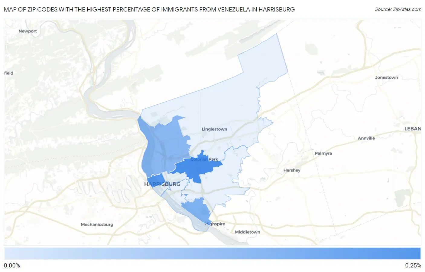 Zip Codes with the Highest Percentage of Immigrants from Venezuela in Harrisburg Map
