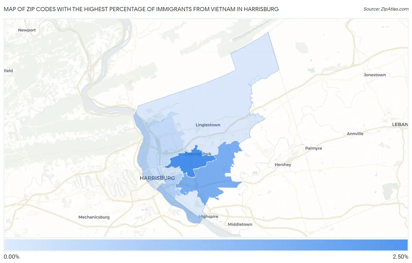 Zip Codes with the Highest Percentage of Immigrants from Vietnam in Harrisburg Map