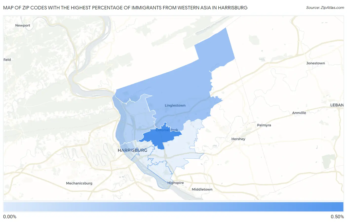 Zip Codes with the Highest Percentage of Immigrants from Western Asia in Harrisburg Map