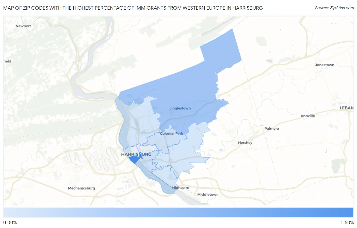 Zip Codes with the Highest Percentage of Immigrants from Western Europe in Harrisburg Map