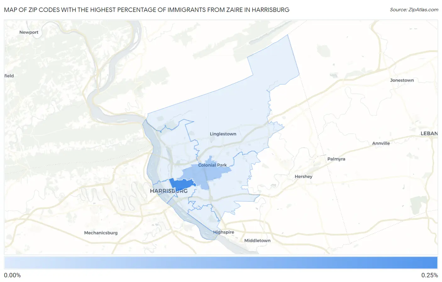 Zip Codes with the Highest Percentage of Immigrants from Zaire in Harrisburg Map