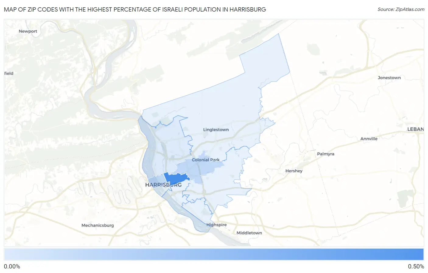 Zip Codes with the Highest Percentage of Israeli Population in Harrisburg Map