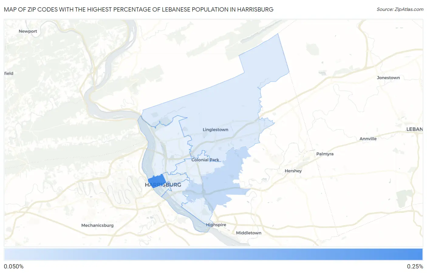 Zip Codes with the Highest Percentage of Lebanese Population in Harrisburg Map