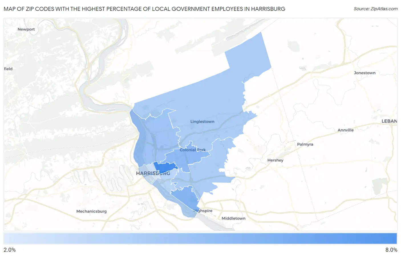 Zip Codes with the Highest Percentage of Local Government Employees in Harrisburg Map