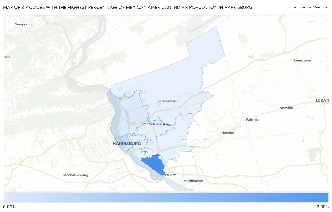 Zip Codes with the Highest Percentage of Mexican American Indian Population in Harrisburg Map