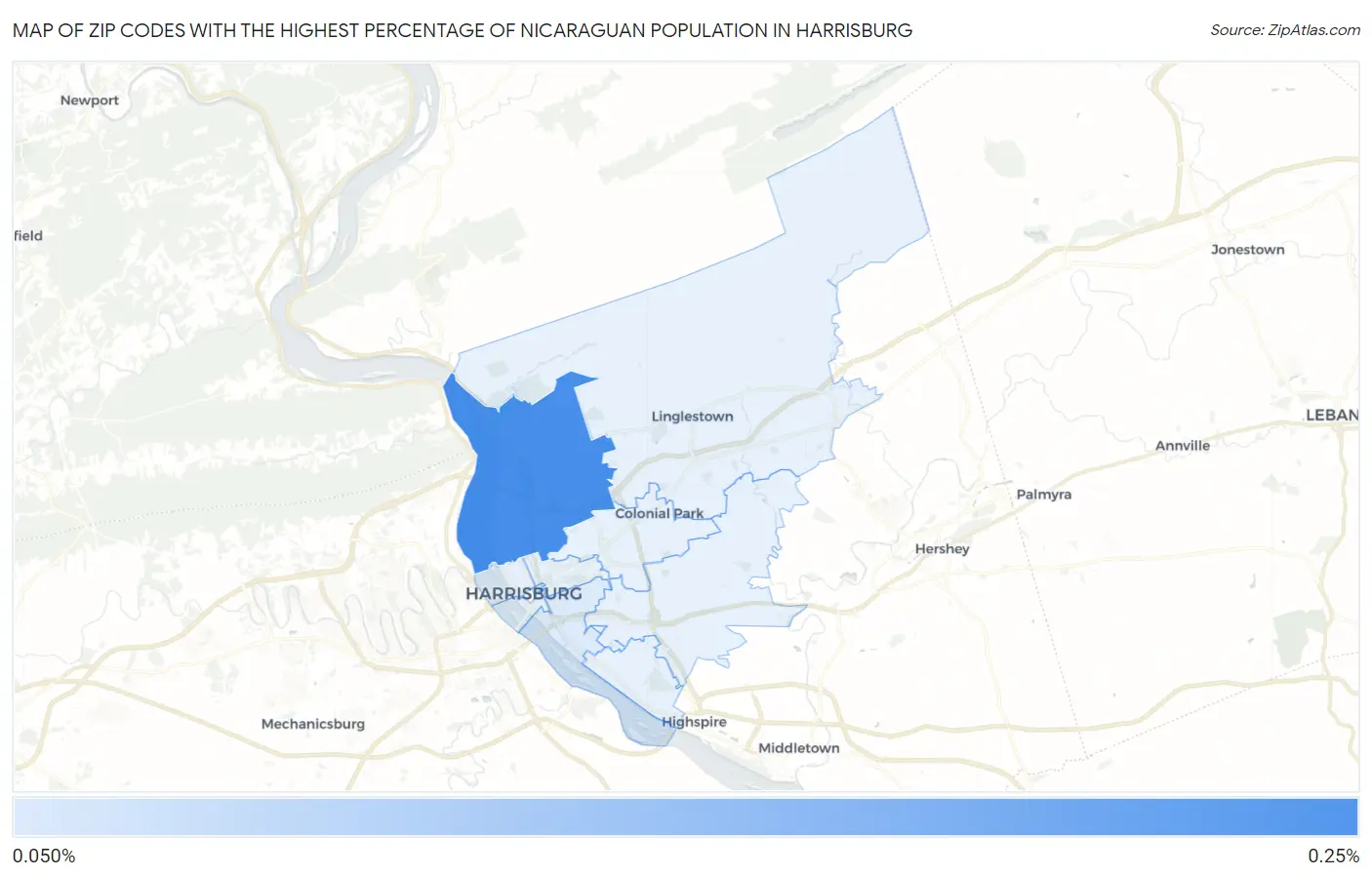 Zip Codes with the Highest Percentage of Nicaraguan Population in Harrisburg Map