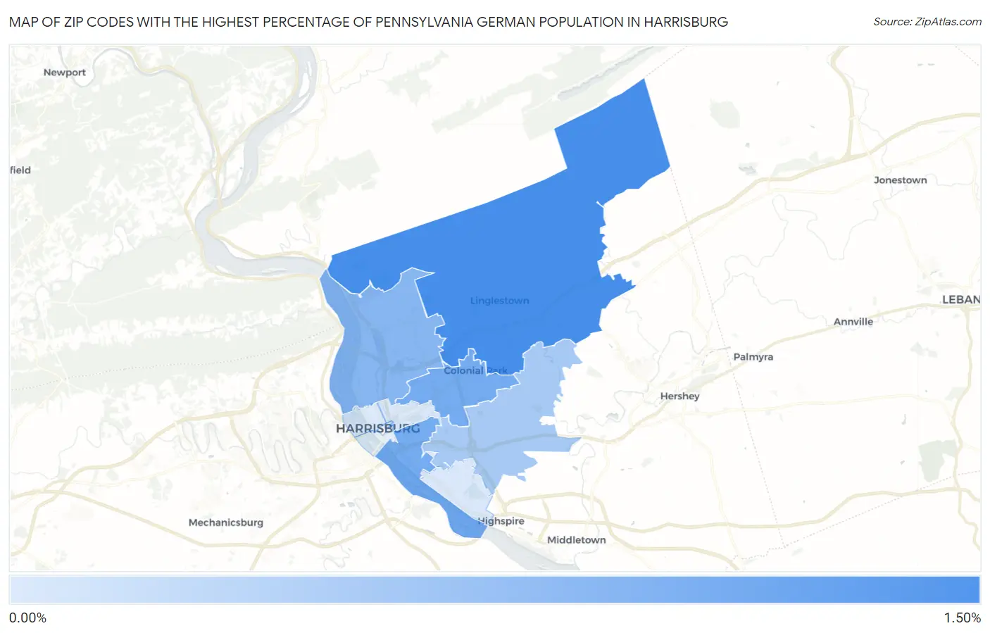 Zip Codes with the Highest Percentage of Pennsylvania German Population in Harrisburg Map
