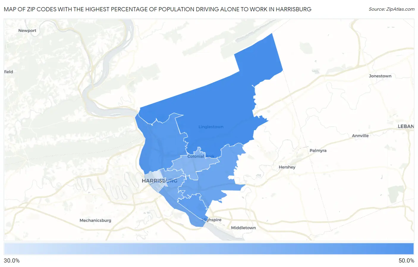 Zip Codes with the Highest Percentage of Population Driving Alone to Work in Harrisburg Map