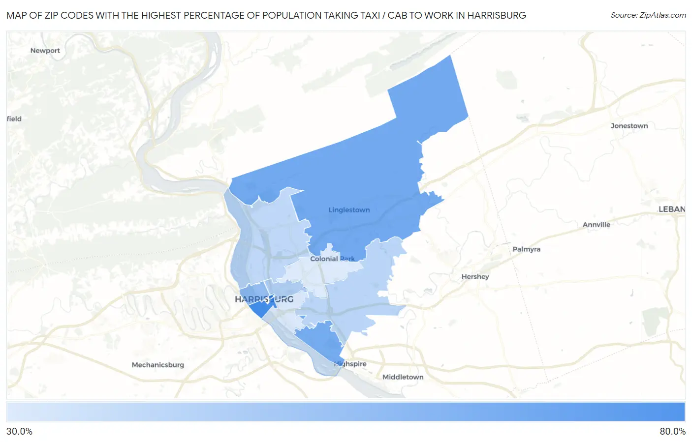 Zip Codes with the Highest Percentage of Population Taking Taxi / Cab to Work in Harrisburg Map