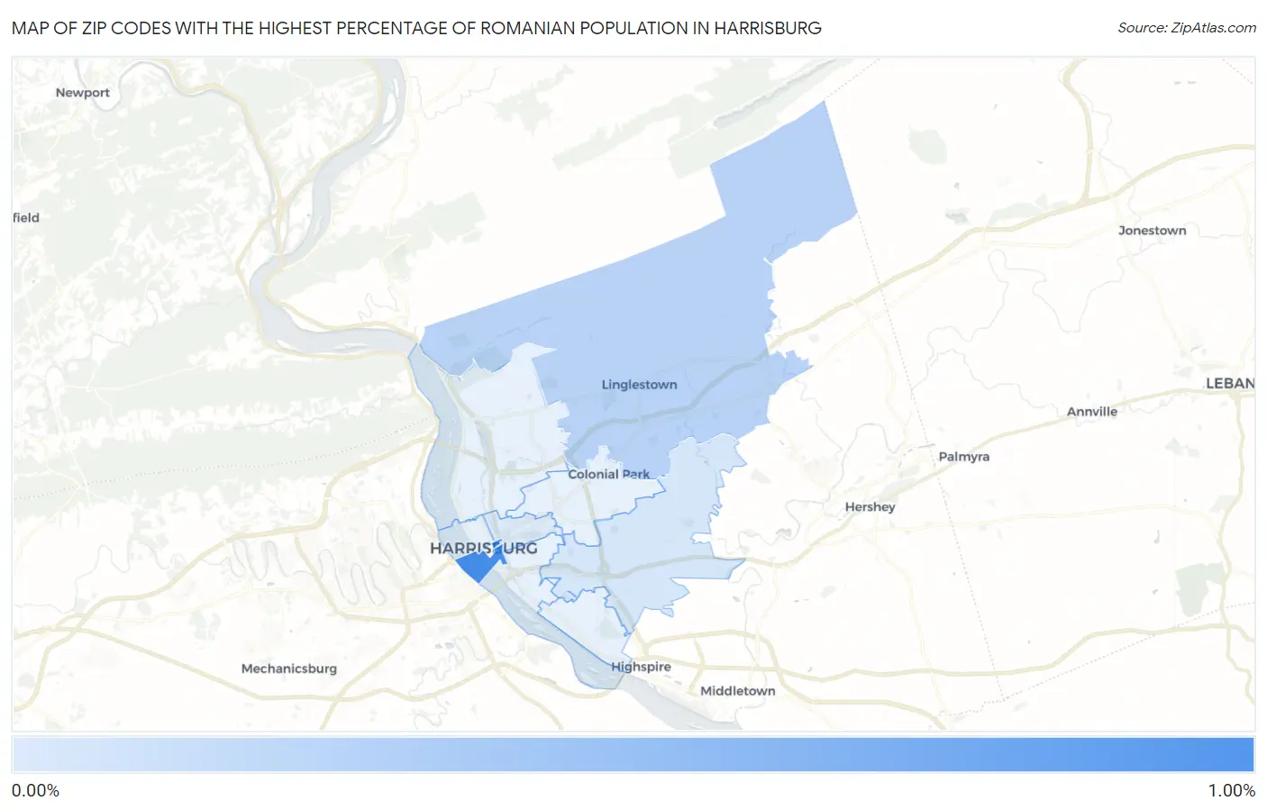 Zip Codes with the Highest Percentage of Romanian Population in Harrisburg Map