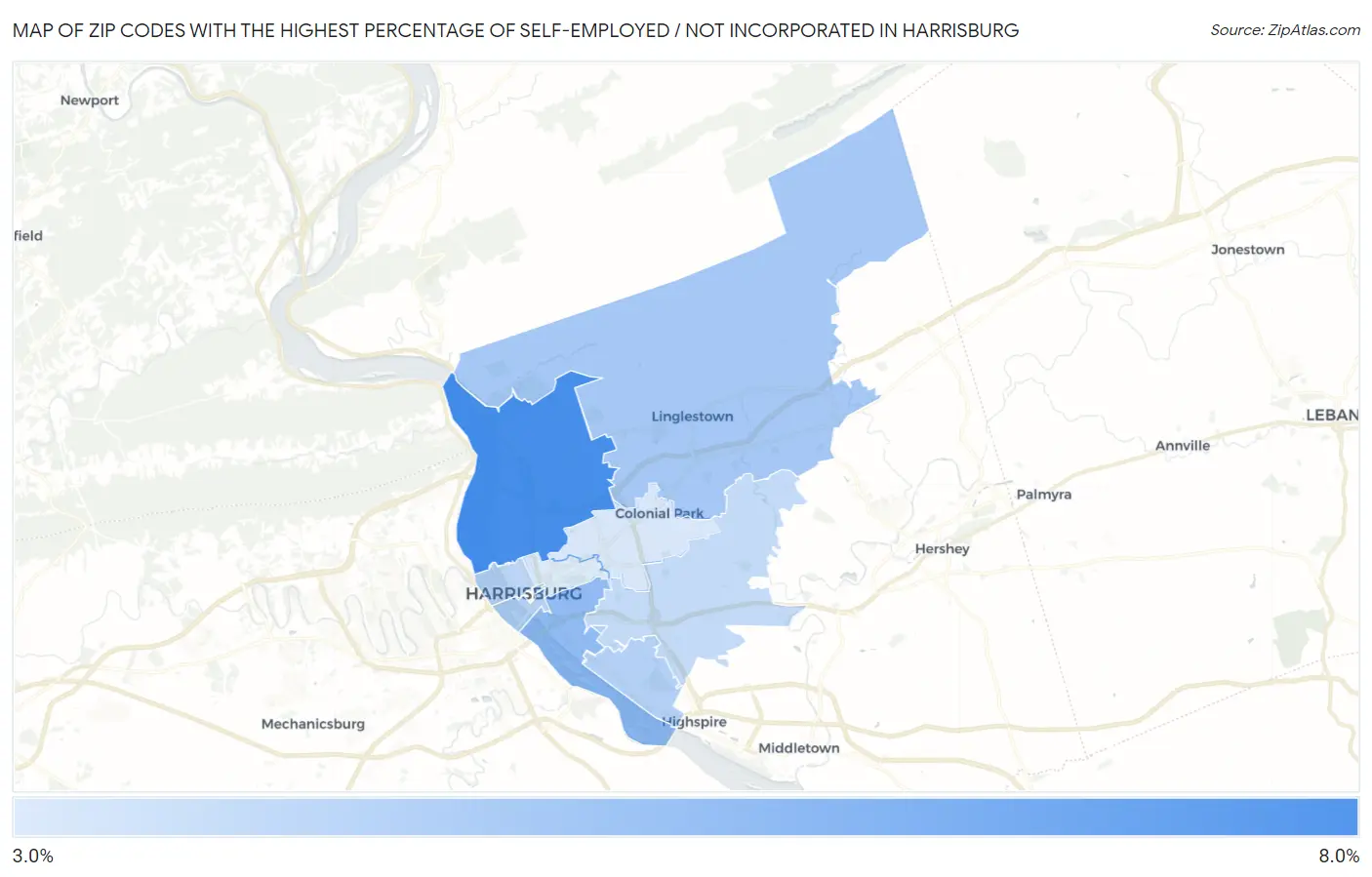 Zip Codes with the Highest Percentage of Self-Employed / Not Incorporated in Harrisburg Map