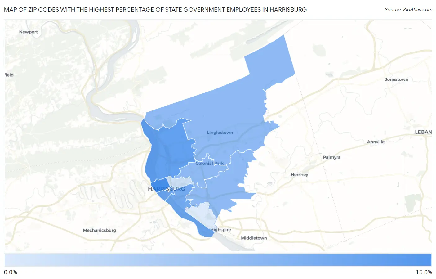 Zip Codes with the Highest Percentage of State Government Employees in Harrisburg Map