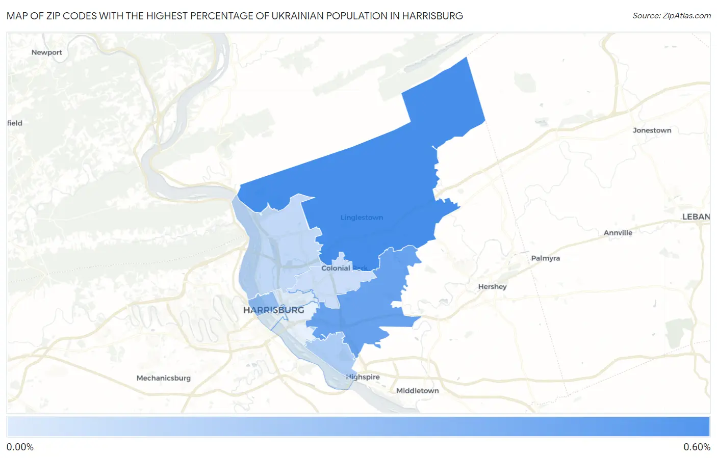Zip Codes with the Highest Percentage of Ukrainian Population in Harrisburg Map