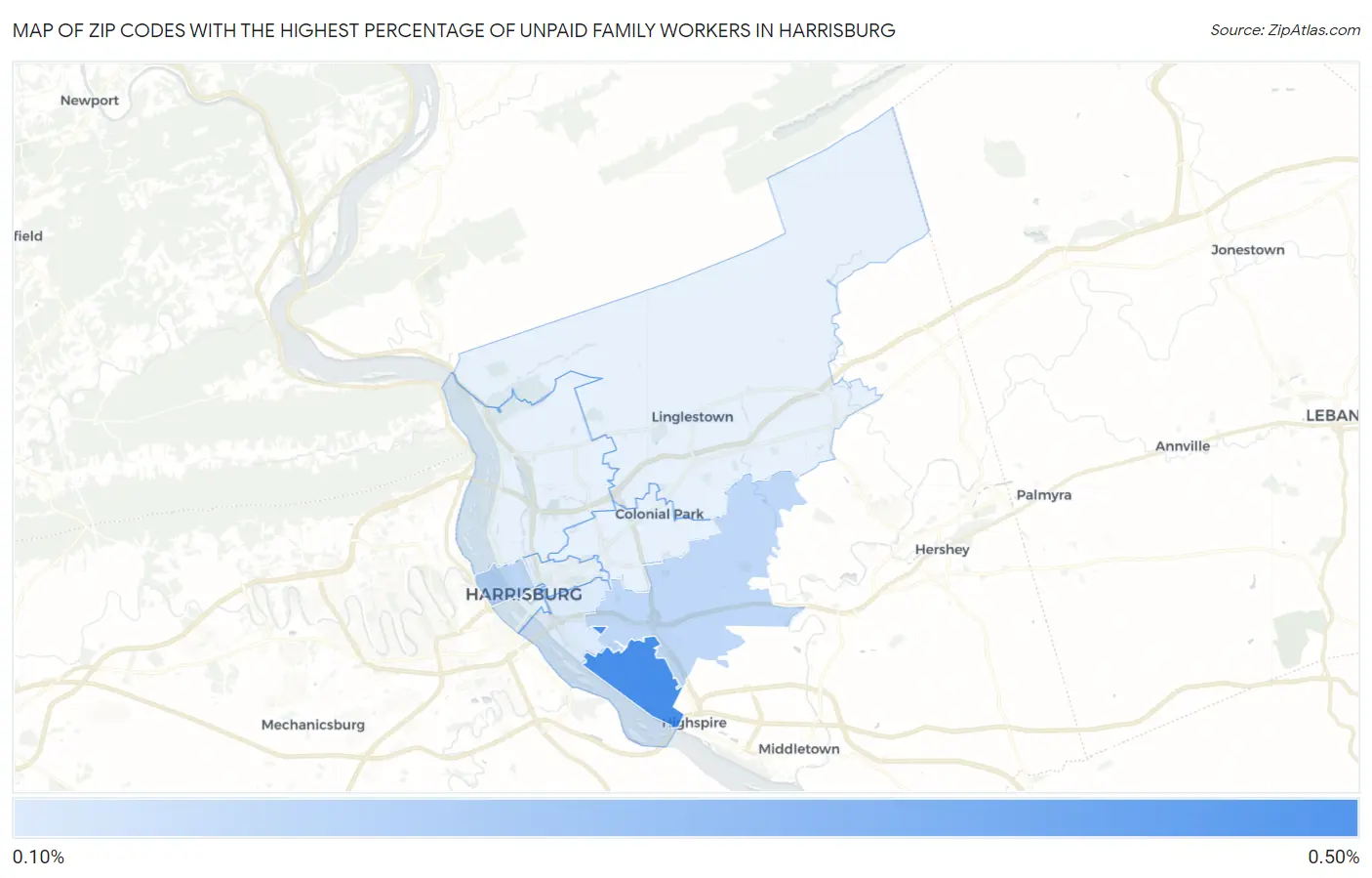 Zip Codes with the Highest Percentage of Unpaid Family Workers in Harrisburg Map