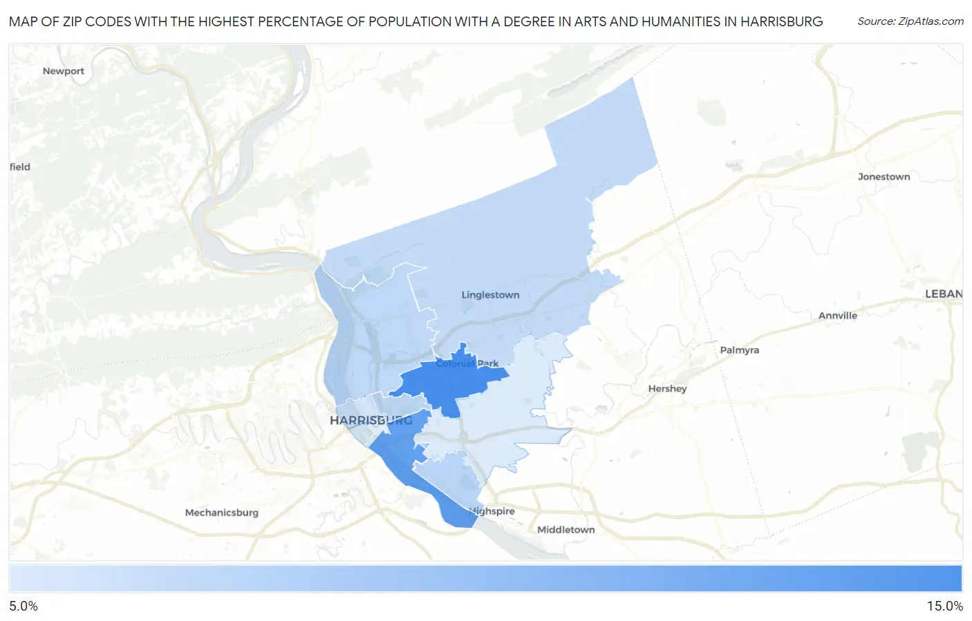 Zip Codes with the Highest Percentage of Population with a Degree in Arts and Humanities in Harrisburg Map