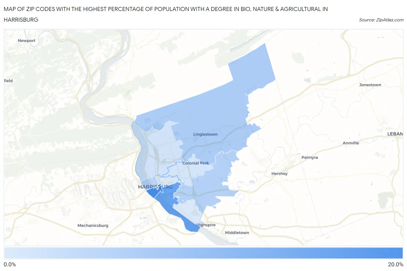 Zip Codes with the Highest Percentage of Population with a Degree in Bio, Nature & Agricultural in Harrisburg Map