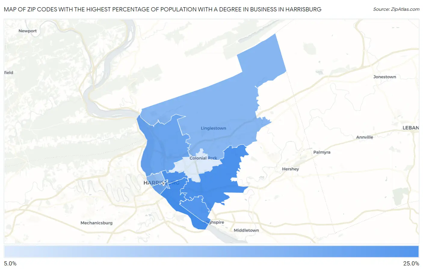 Zip Codes with the Highest Percentage of Population with a Degree in Business in Harrisburg Map