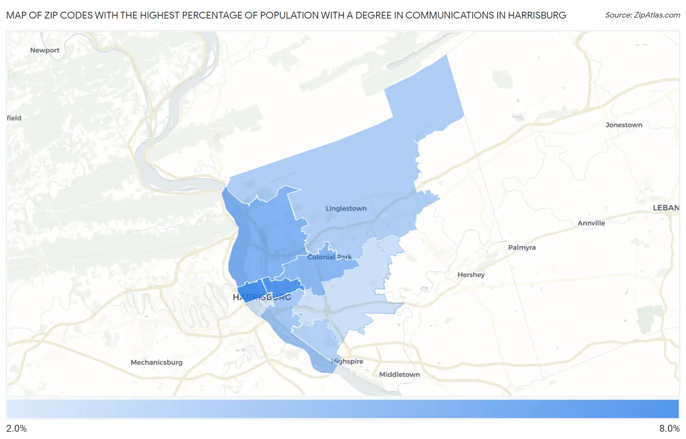 Zip Codes with the Highest Percentage of Population with a Degree in Communications in Harrisburg Map